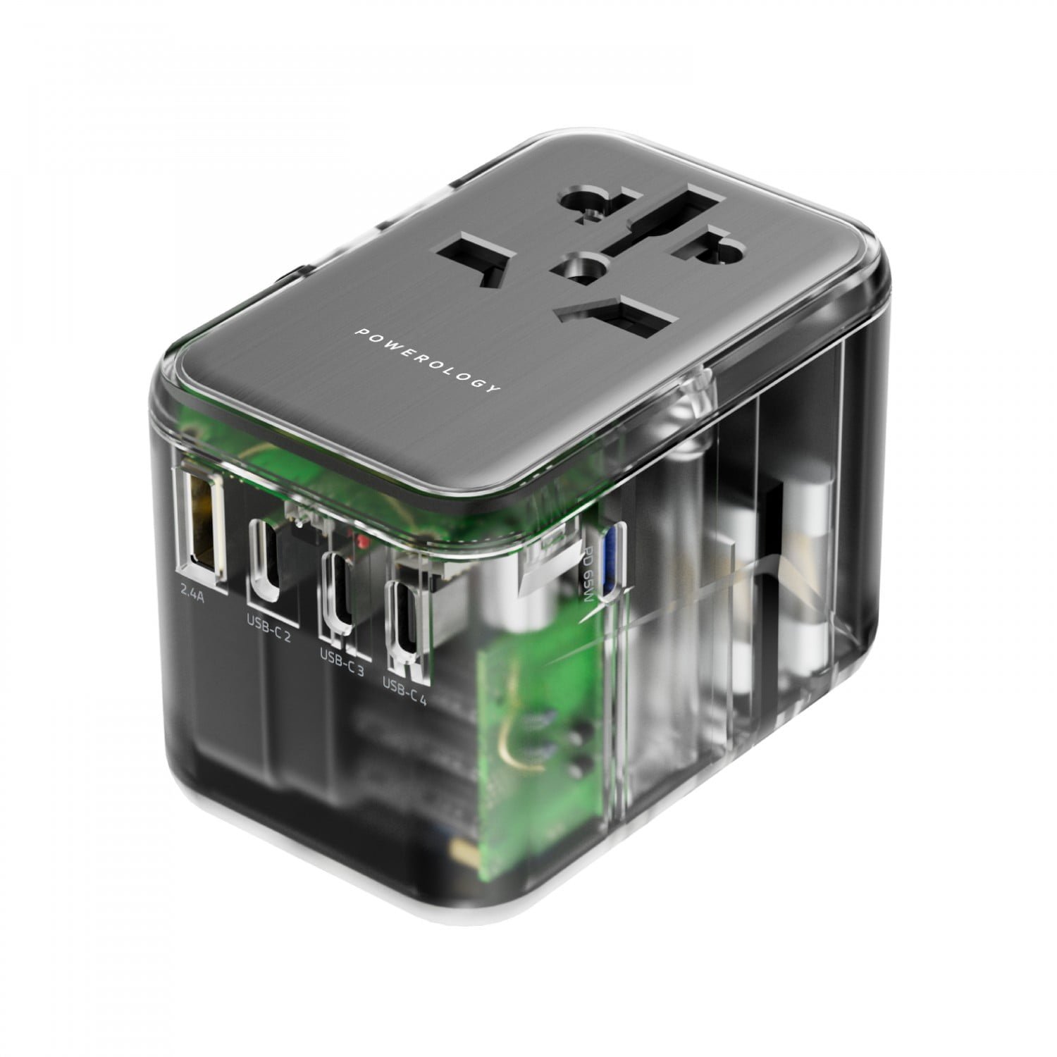Powerology Universal MultiPort Travel Adapter With 4 TypeCTransparen