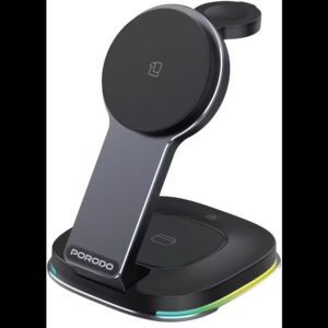 Porodo Compact Folding Wireless Charging Stand with 15W Wireless Output, Folding Design, 2.5W Watch Output, One-Touch Light Control, RGB Lights - Black