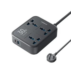 Powerology 3250W Power Strip with 3 AC Sockets, USB-A and USB-C Ports, 3m Power Cord, UK Power Plug, PD 30W, Fire-Proof Material, Built-in Safeguards, Simultaneous Charging - Black