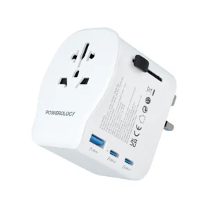 Powerology Universal Travel Adapter with PD 45W, USB-A & Dual USB-C Ports, US/ CN/ UK/ DE Plugs, Multiple Sockets, GaN Technology, Built-in Safeguards, +150 Countries Compatibility - White